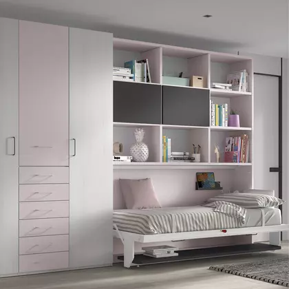 Cama abatible horizontal con escritorio y librería F253
