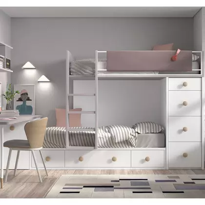 Cama tren con 2 contenedores, baúl y armario F211