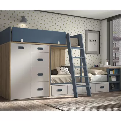 Cama tren con 4 contenedores, gran armario y módulo cajonera F212