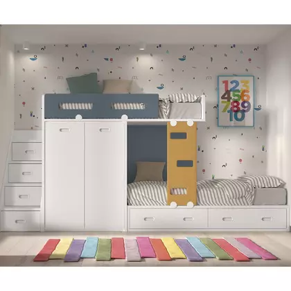 Cama tren con 4 contenedores, armario 2 puertas y escalera F216