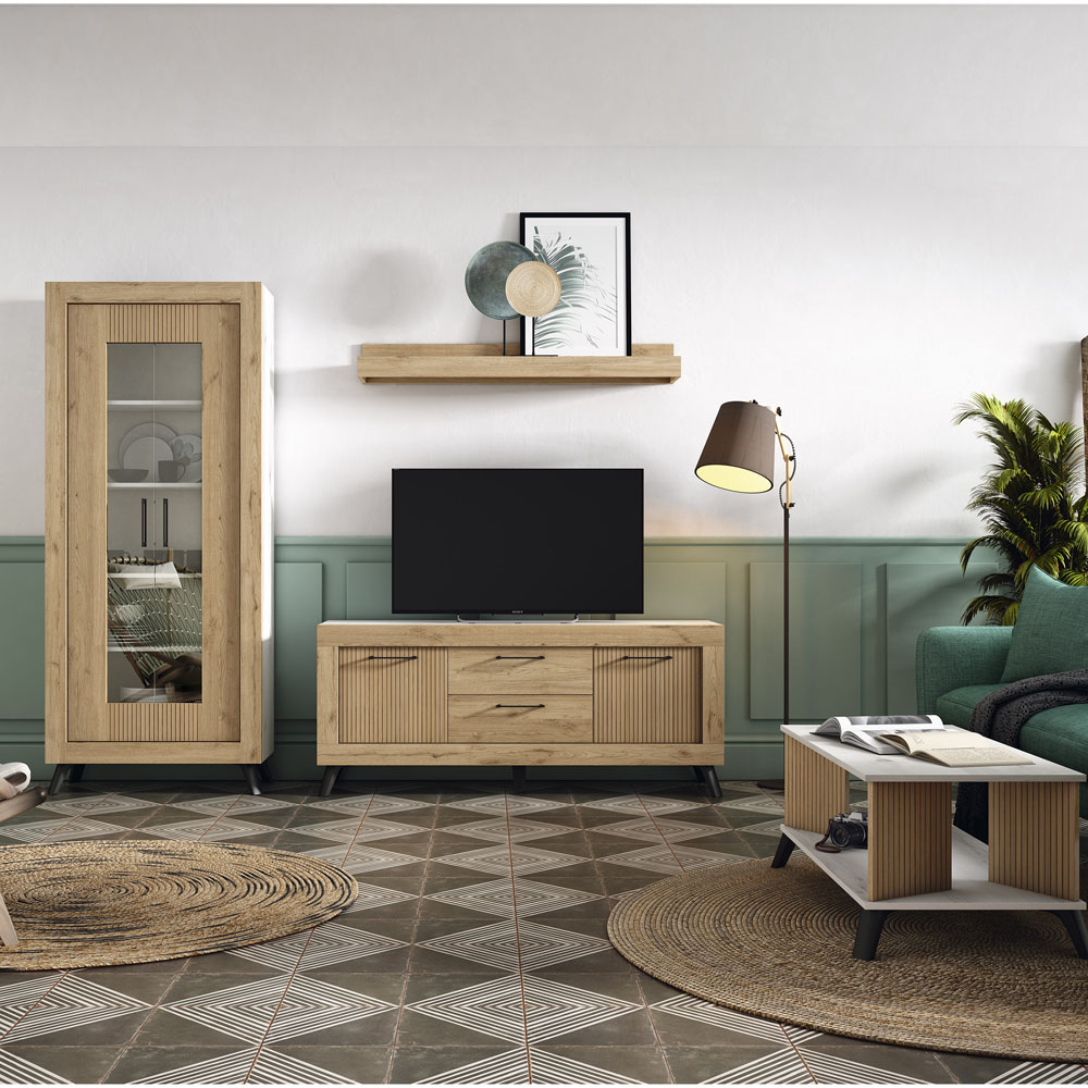 Salón minimalista con vitrina 2 puertas y estantería Exojo G024