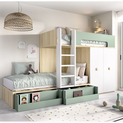 Cama tren con dos camas de 90, 2 cajones y armario de 2 puertas MJC-301