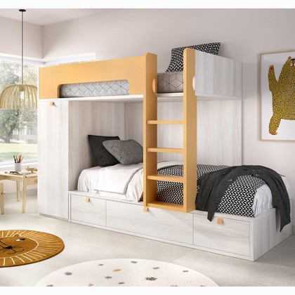 Cama tren juvenil con 2 camas de 9, cajones y baúl y armario MJC-302