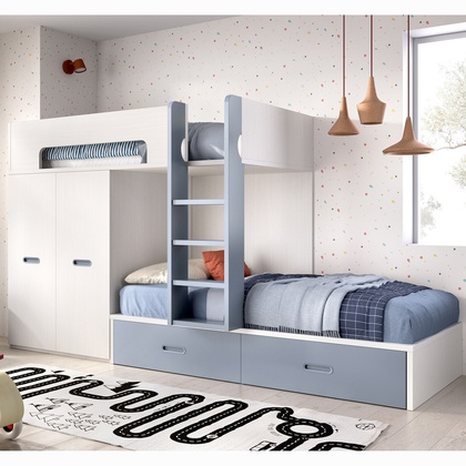 Cama tren 2 camas 90x190 con cajones y armario 2 puertas MJC-303