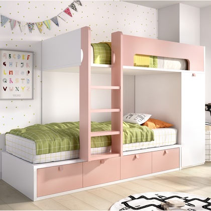 Cama tren con colchones de 90 y gran almacenamiento con armario y cajones MJC-304