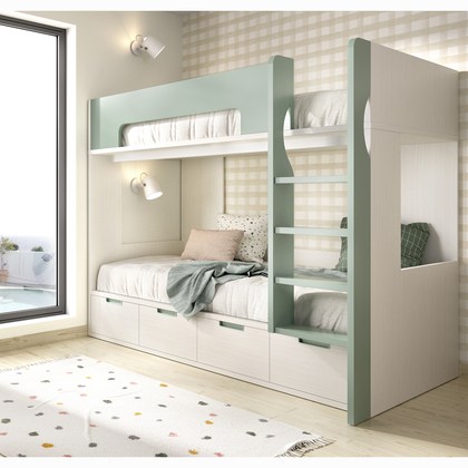 Litera verde con 4 cajones de almacenamiento con quitamiedos y escalera MJC-307